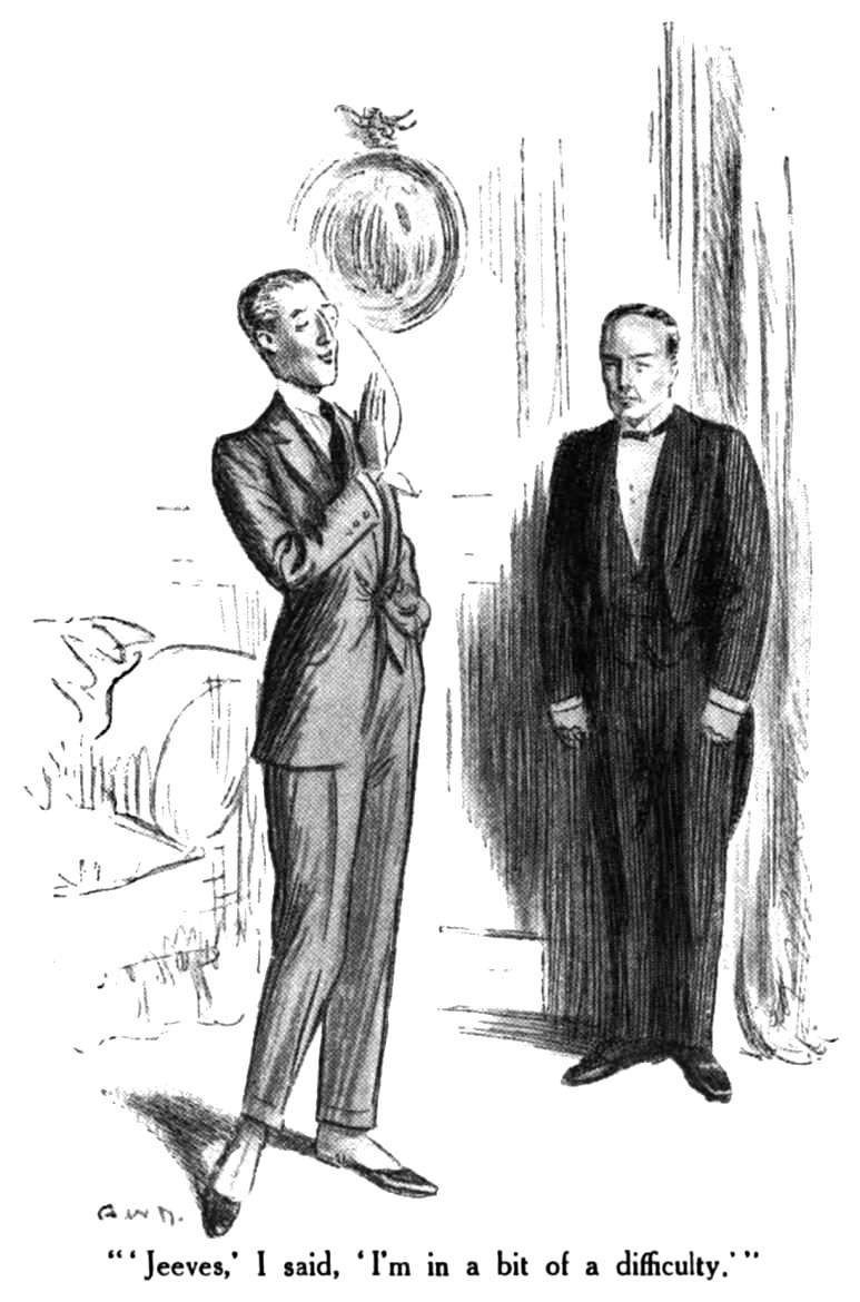 Bertie Wooster speaking with Jeeves, illustrated by A. Wallis Mills.