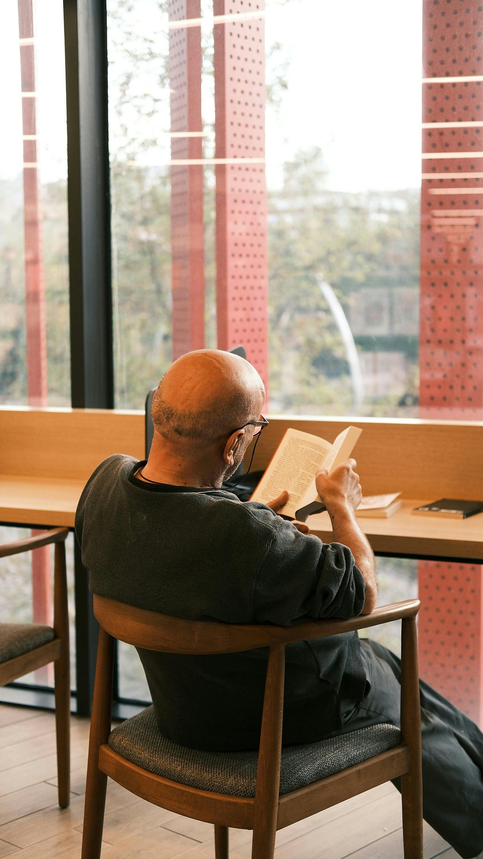 A person reading a book by a window.